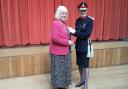 Pauline Dee receiving her BEM from Shropshire Lord Lieutenant Anna Turner.