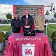 Jeannie Chantler, general manager of Bangor-on-Dee, Conservative MP for Clywd South, Simon Baynes, and Richard Aston chairman of Bangor-on-Dee Racecourse