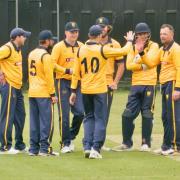 Shropshire’s cricketers celebrate taking a wicket against Northumberland at Whitchurch on Monday.