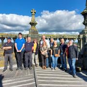 The group at the top of St Alkmund's Church in Whitchurch.