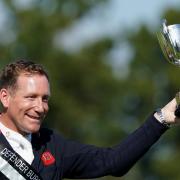 Oliver Townend celebrates first place on Ballaghmor Class during day four of the 2023 Defender Burghley Horse Trials in Stamford, Lincolnshire