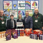 Whitchurch Foodbank volunteers with Headteacher Mark Cooper, James Ireland and Alice Whitfield (Year 7 Head Students).
