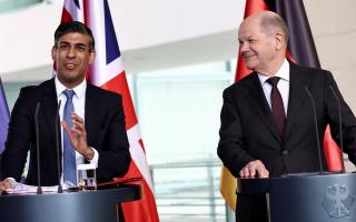 Prime Minister Rishi Sunak and Germany’s Chancellor Olaf Scholz speak during a press conference at the Chancellery in Berlin (Henry Nicholls/PA)