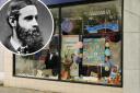 A window display of Randolph Caldecott and inset, the man himself.