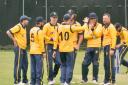 Shropshire’s cricketers celebrate taking a wicket against Northumberland at Whitchurch on Monday.