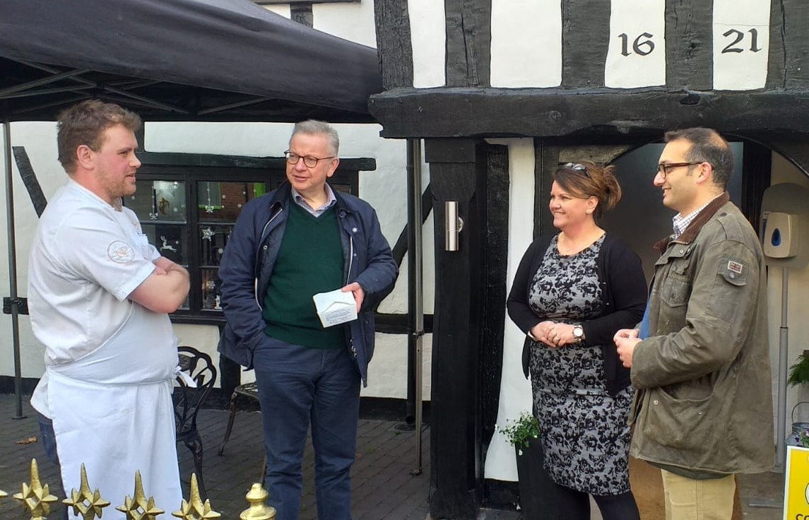 Michael Gove MP (Secretary of State for Levelling Up), Neil Shastri-Hurst (candidate), Samantha Clarke-Booth and Adam Cleal (both of Niche Patisserie Bakery and Café). 