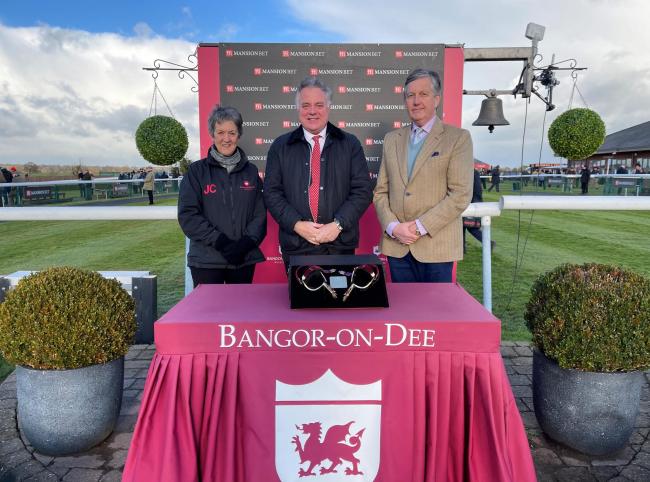 Jeannie Chantler, general manager of Bangor-on-Dee, Conservative MP for Clywd South, Simon Baynes, and Richard Aston chairman of Bangor-on-Dee Racecourse