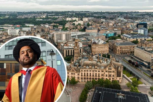 Picture shows Dr Javed Bashir, inset, and the skyline of Bradford captured by William Olivier.