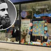 A window display of Randolph Caldecott and inset, the man himself.