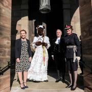 The opening of Whitchurch's Caldecott Arts Festival on the steps of St Alkmund's Parish Church. l-r Helen Morgan MP, Caldecott's 