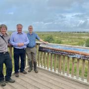 Peter Bowyer, senior reserve manager, Simon Baynes MP and Robert Duff, project manager for the Marches Mosses BogLIFE Project in Fenn’s and Whixall Mosses National Nature Reserve.