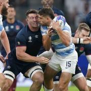 England's Tom Curry (left) making head on head contact with Argentina's Juan Mallia which resulted in a red card.